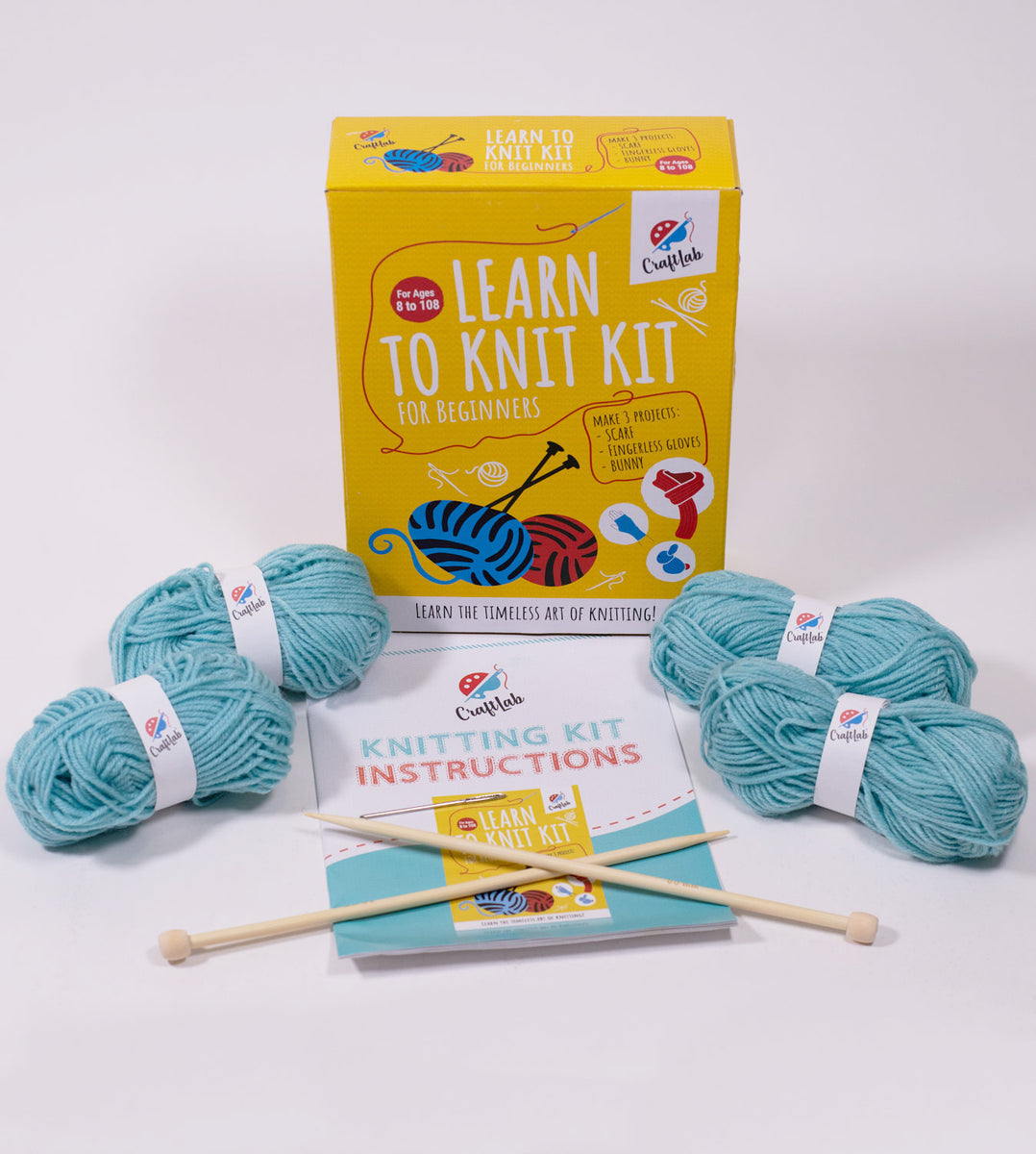 All Things You LEARN TO KNIT KIT Project Book & 7” (18cm) Size 8 (5mm)  Needles