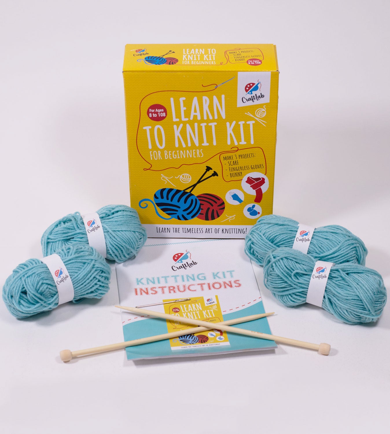 mindfulknits Learn to Knit Kit- Knit a Chunky Beanie- Knitting Needles,  Yarn Needle & Acrylic Chunky Bulky Knitting Yarn– Malai- Beginners Basic